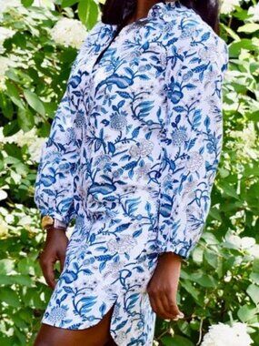 Victoria Dunn Floral Seaside Cotton Shirt Dress Size XS